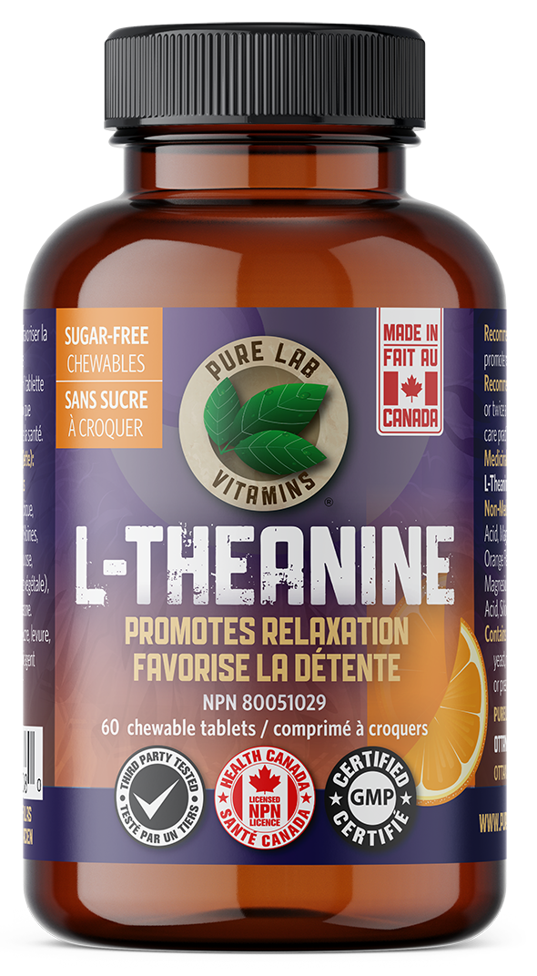 Bottle of Pure Lab Vitamins L-Theanine supplement on a white background