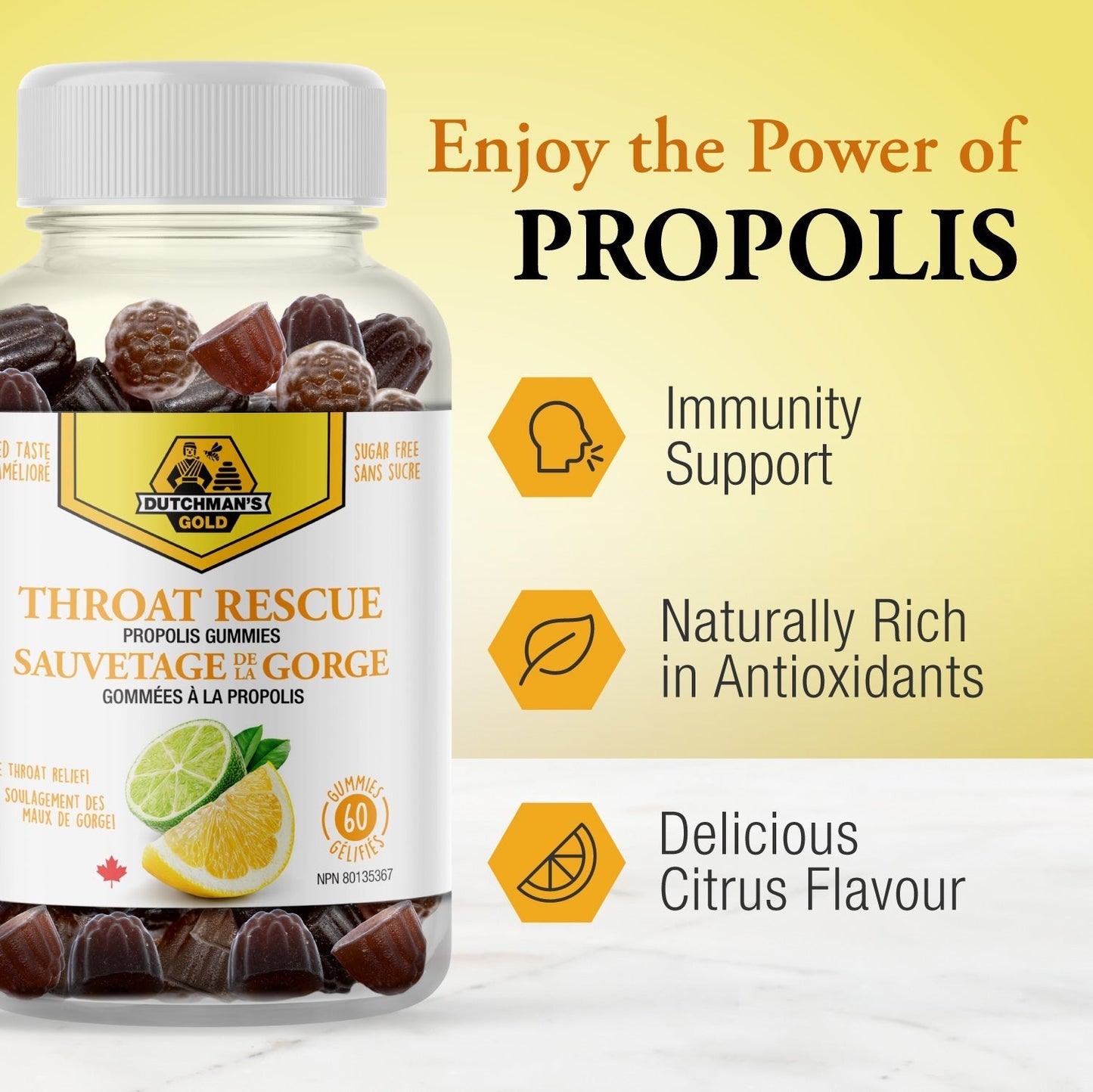 DUTCHMAN'S GOLD THROAT RESCUE Propolis Gummy: 60 count