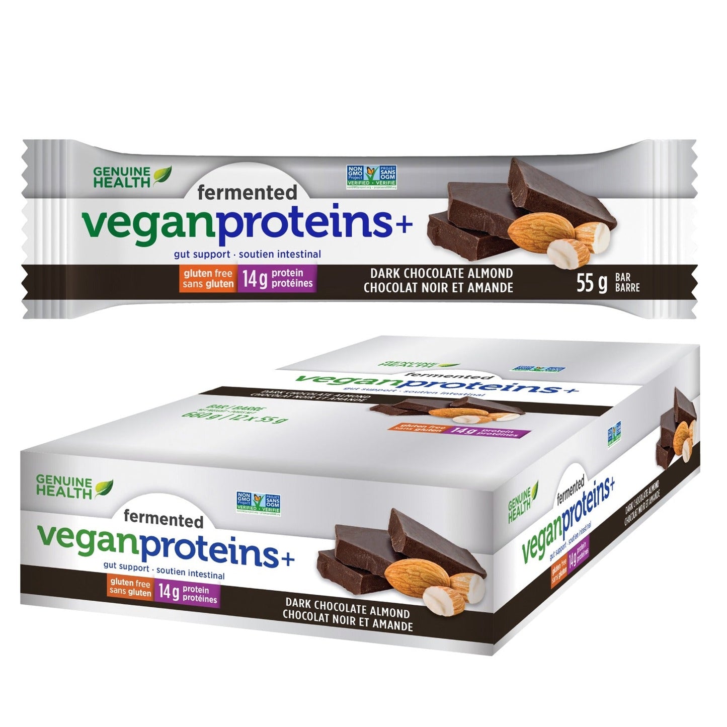 GENUINE HEALTH Fermented Vegan Proteins+ Bars (Dark Chocolate Almond - 12 x 55 gr)