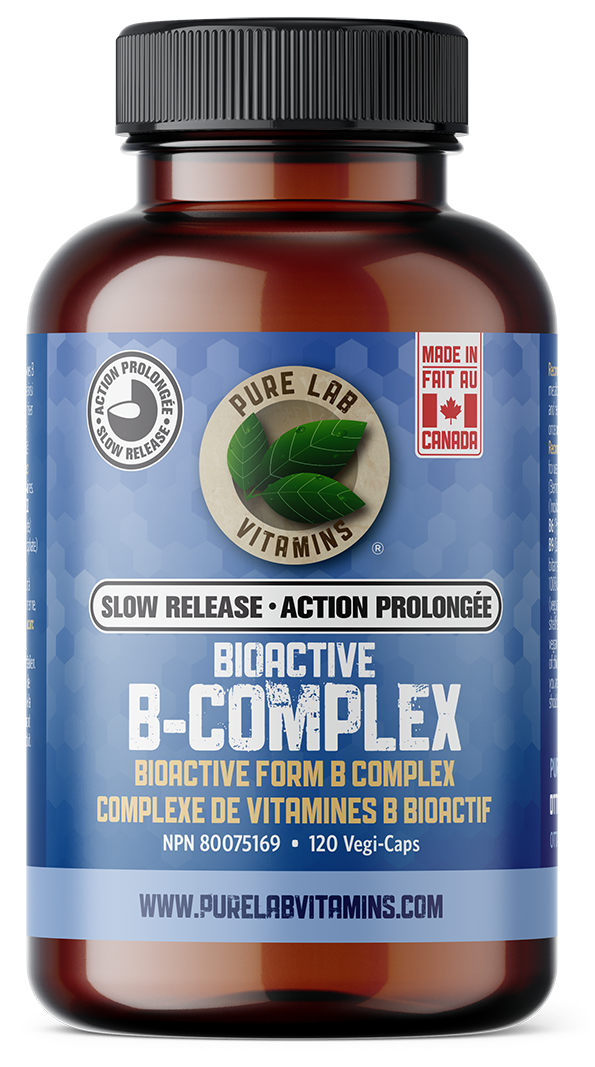Brown supplement bottle labeled 'Bioactive B-Complex' with blue label on a white background