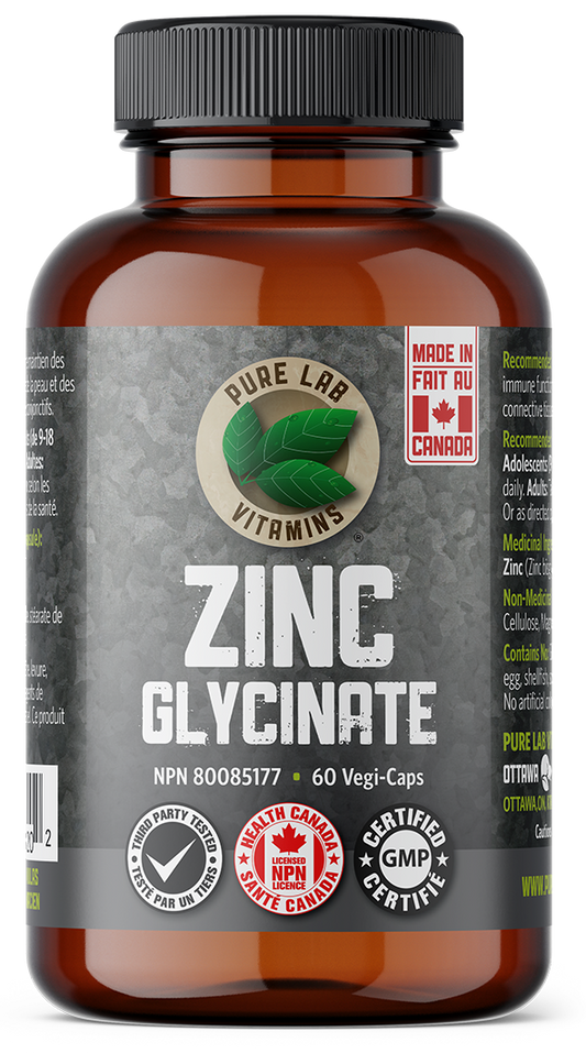 Bottle of Pure Lab Vitamins Zinc Glycinate supplement on a white background