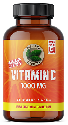 Vitamin C supplement bottle with orange label on a white background